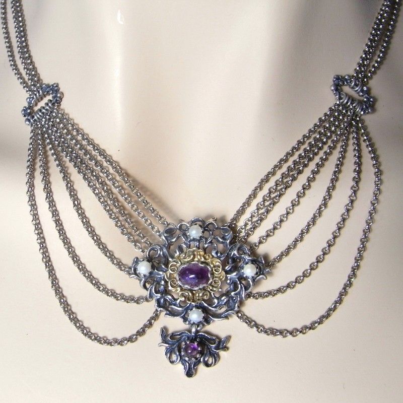 Amethyst and pearl silver drape necklace